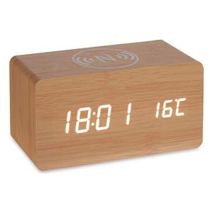 Giftdecor Tafelklok/wekker Josimity - beige - MDF - 15 x 7 cm - Digitale tijd - temperatuur - opladen -