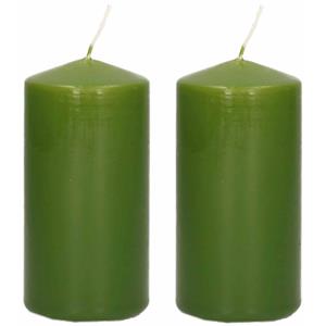 Trend Candles 2x Stuks Luxe Stompkaars/cilinderkaars - 6x12 Cm - 40 Branduur - Olijfgroen tompkaarsen