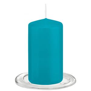 Trend Candles tompkaarsen Met Glazen Onderzetters Set Van 2x Stuks - Turquoise Blauw 6 X 12 Cm tompkaarsen
