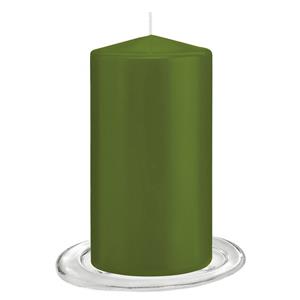 Trend Candles tompkaarsen Met Glazen Onderzetters Set Van 2x Stuks - Olijf Groen 8 X 15 Cm tompkaarsen