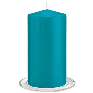 Trend Candles tompkaarsen Met Glazen Onderzetters Set Van 2x Stuks - Turquoise Blauw 8 X 15 Cm tompkaarsen