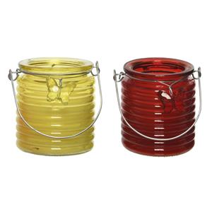 Decoris Set van 2x stuks citronella anti muggen kaarsen windlicht geel en rood 20 branduren -