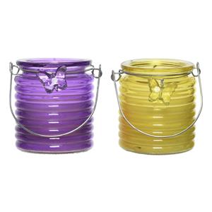 Decoris Set van 2x stuks citronella anti muggen kaarsen windlicht paars en geel 20 branduren -