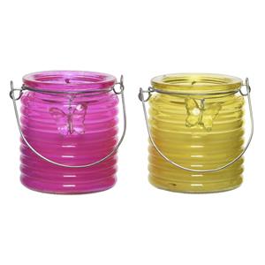 Decoris Set van 2x stuks citronella anti muggen kaarsen windlicht roze en geel 20 branduren -