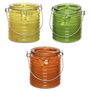 Decoris Set van 3x stuks citronella anti muggen kaarsen windlicht geel, groen en oranje 20 branduren -