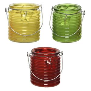 Decoris Set van 3x stuks citronella anti muggen kaarsen windlicht geel, groen en rood 20 branduren -