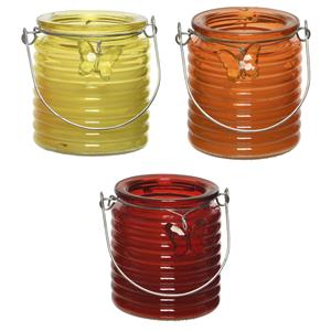 Decoris Set van 3x stuks citronella anti muggen kaarsen windlicht geel, oranje en rood 20 branduren -