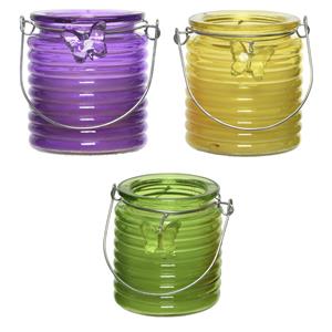 Decoris Set van 3x stuks citronella anti muggen kaarsen windlicht paars, geel en groen 20 branduren -