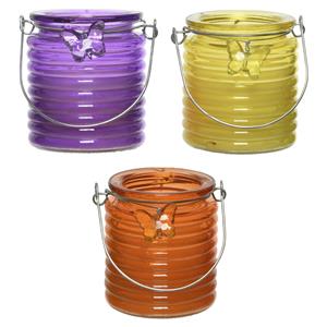 Decoris Set van 3x stuks citronella anti muggen kaarsen windlicht paars, geel en oranje 20 branduren -