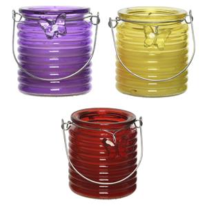 Decoris Set van 3x stuks citronella anti muggen kaarsen windlicht paars, geel en rood 20 branduren -