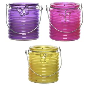 Decoris Set van 3x stuks citronella anti muggen kaarsen windlicht paars, roze en geel 20 branduren -