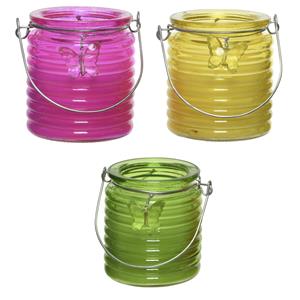 Decoris Set van 3x stuks citronella anti muggen kaarsen windlicht roze, geel en groen 20 branduren -