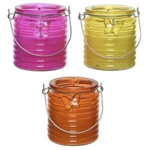 Decoris Set van 3x stuks citronella anti muggen kaarsen windlicht roze, geel en oranje 20 branduren -