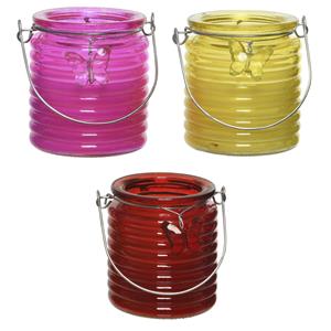 Decoris Set van 3x stuks citronella anti muggen kaarsen windlicht roze, geel en rood 20 branduren -