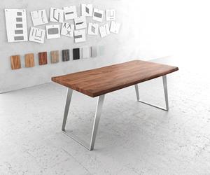 DELIFE Esstisch Edge 180x90cm XL Akazie Braun Edelstahl schräg Live-Edge