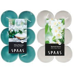 Candles by Spaas geurkaarsen - 24x stuks in 2 geuren Jasmin en Minty Hammam - Maxi theelichtjes - geurkaarsen