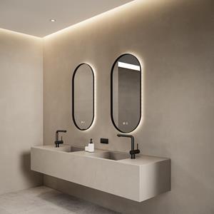 Boss & Wessing Spiegel  Thyreos 40x100 cm Ovaal Met Rand Mat Zwart LED Verlichting & Geïntegreerde Spiegelverwarming 