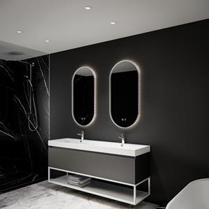 Boss & Wessing Spiegel  Thyreos 40x100 cm Ovaal Met Rand Mat Wit LED Verlichting & Geïntegreerde Spiegelverwarming 