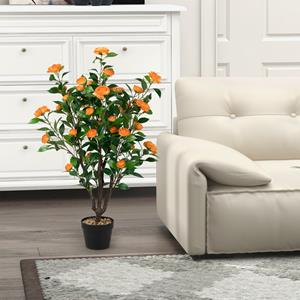 costway Kunstmatige Camellia Boom Onwerkelijk Bloeiende Camellia Plant Groen + Geel