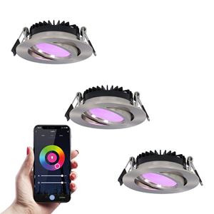 HOFTRONIC SMART Set van 3 smart LED inbouwspots Rome - RVS - 6 Watt - WiFi & Bluetooth - RGBWW - IP44 - Dimbaar via app - Kantelbaar