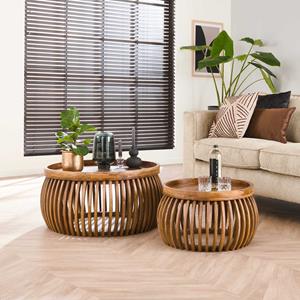 LifestyleFurn Salontafel Twiggy Mangohout, Set van 2 stuks - Massief mango zandkleur - Rond
