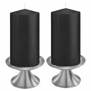 Trend Candles Set Van 2x Zwarte Cilinderkaarsen/stompkaarsen 8 X 15 Cm Met 2x Zilveren Kaarsenhouders tompkaarsen