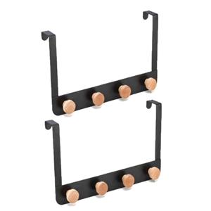 Items 2x stuks badkamerdeur/kastdeur kapstokken zwart met 4 houten haken 35 cm -