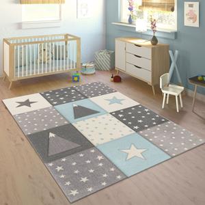 PACO HOME Kinderteppich Cosmo 340, rechteckig, 17 mm Höhe, Kurzflor, Pastell-Farben, 3D Effekt, Motiv Berge, Punkte & Sterne