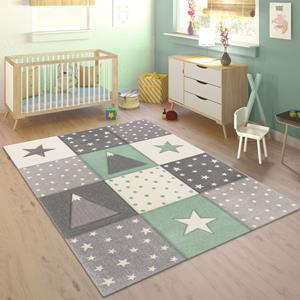 PACO HOME Kinderteppich Cosmo 340, rechteckig, 17 mm Höhe, Kurzflor, Pastell-Farben, 3D Effekt, Motiv Berge, Punkte & Sterne