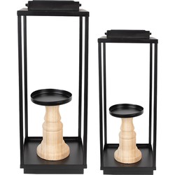 Clayre & Eef Kandelaar set van 2 15x15x50/57 cm Zwart Ijzer Hout Kandelaar Kaarsenstandaard Kaarsenhouder