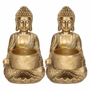 2x Zittende Boeddha waxinelichthouder goud 14 cm - Waxinelichtjeshouders