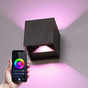 HOFTRONIC SMART Smart WiFi+ Bluetooth LED Wandlamp Kansas - Dimbare kubus - 6 Watt - RGBWW - Up & Down light - IP65 - Zwart - Binnen en buiten