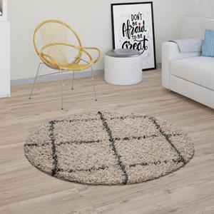 pacohome Hochflor Teppich Wohnzimmer Shaggy Skandinavisches Rauten Muster Beige Grau ø 120 cm Rund - Paco Home