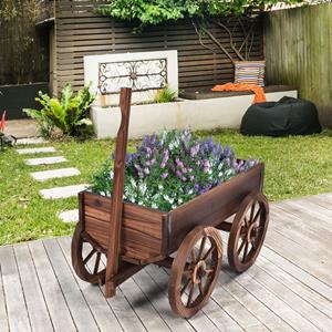 costway Bloemenwagen Houten Bloembakwagen met 4 Wielen Bloemenwagen 120 x 43 x 53,5 cm Bruin