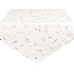 Clayre & Eef Tafelloper 50x160 cm Wit Roze Katoen Bloemen Tafelkleed