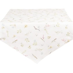 Clayre & Eef Tafelloper 50x160 cm Wit Roze Katoen Bloemen Tafelkleed