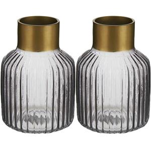 Giftdecor Bloemenvazen 2x stuks - luxe decoratie glas - grijs/goud - 14 x 22 cm -