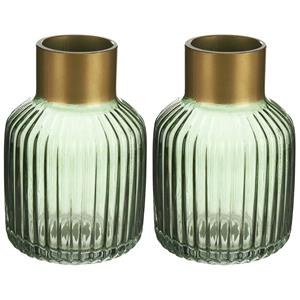 Giftdecor Bloemenvazen 2x stuks - luxe decoratie glas - groen/goud - 14 x 22 cm -