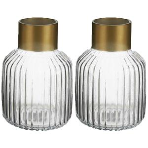 Giftdecor Bloemenvazen 2x stuks - luxe decoratie glas - transparant/goud - 14 x 22 cm -