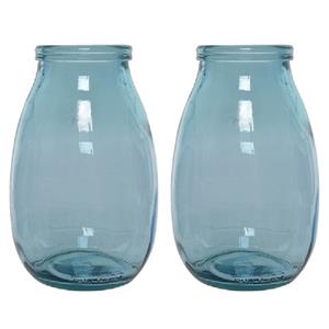 Decoris 3x stuks blauwe vazen/bloemenvazen van gerecycled glas 18 x 28 cm -