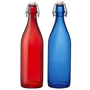 Giara decoratie of weckflessen met beugeldop 30 cm van 1 liter blauw en rood -