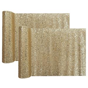 Santex Kerst thema tafelloper op rol - 2x - goud glitter - 28 x 300 cm - polyester -