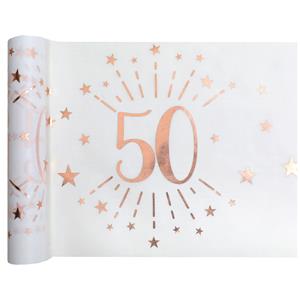 Santex Tafelloper op rol - 2x - 50 jaar verjaardag - wit/rose goud - 30 x 500 cm - polyester -