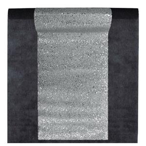 Santex Feest tafelkleed met glitter tafelloper - op rol - zwart/zilver - 10 meter -