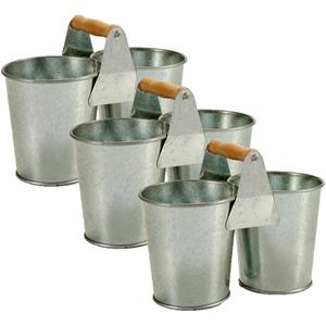 IBERGARDEN 3x stuks dubbele bloempotten/plantenbakken zinken emmer met houten handvat 20 x 10 x 15 cm -