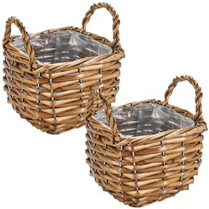 IBERGARDEN Set van 4x stuks bloempotten/plantenbakken riet/rotan mand met handvaten vierkant 15 x 15 x 14 cm -