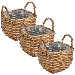 IBERGARDEN Set van 6x stuks bloempotten/plantenbakken riet/rotan mand met handvaten vierkant 15 x 15 x 14 cm -