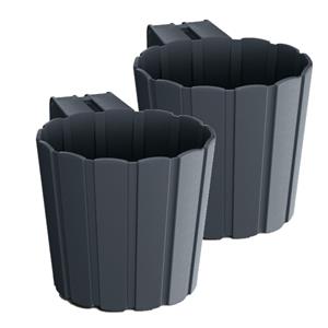 Prosperplast Set van 2x stuks kunststof balkon plantenpotten/bloempotten met haak antraciet grijs 14 cm -