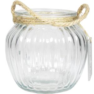 Bela Arte Glazen ronde windlicht Ribbel 1,5 liter met touw hengsel/handvat 12 x 10,5 cm -