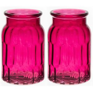 Bellatio Bloemenvaas - set van 2x - fuchsia roze - transparant glas - D12 x H18 cm -